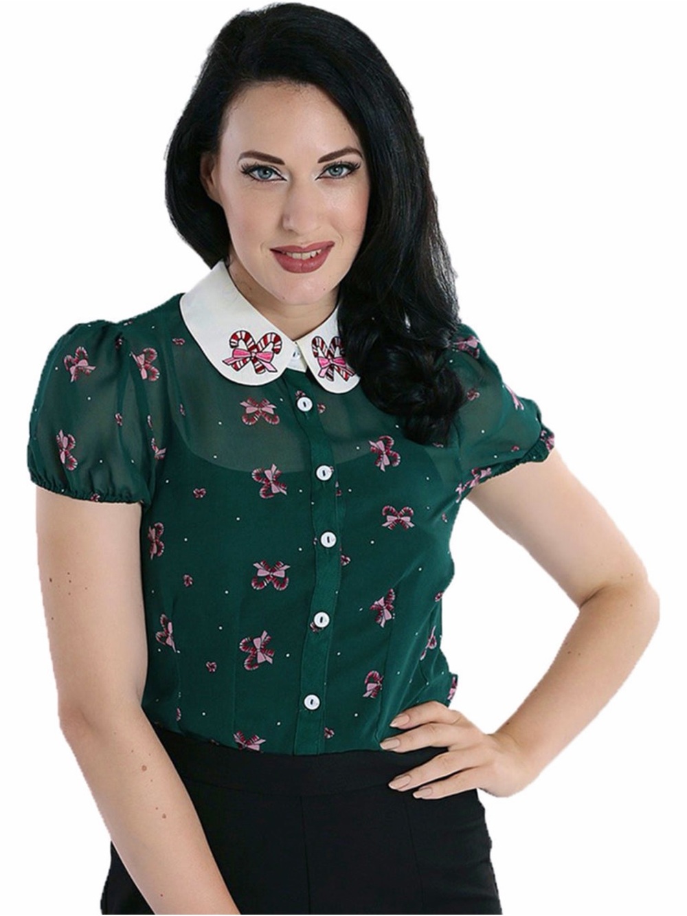 Hell Bunny Beth Candy Cane Christmas Blouse L - Picture 3 of 11